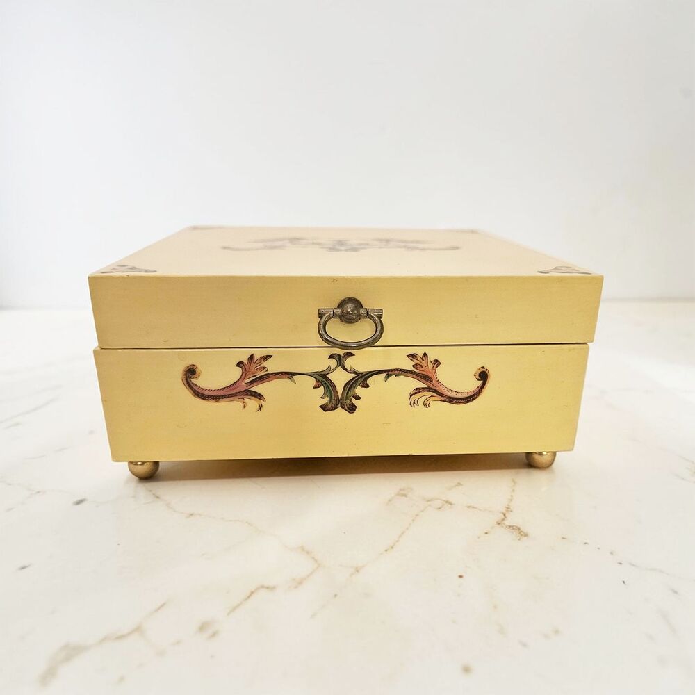 Vintage Mid-Century Butter Yellow Jewelry Box 6" x‎ 6" Trinket Chest